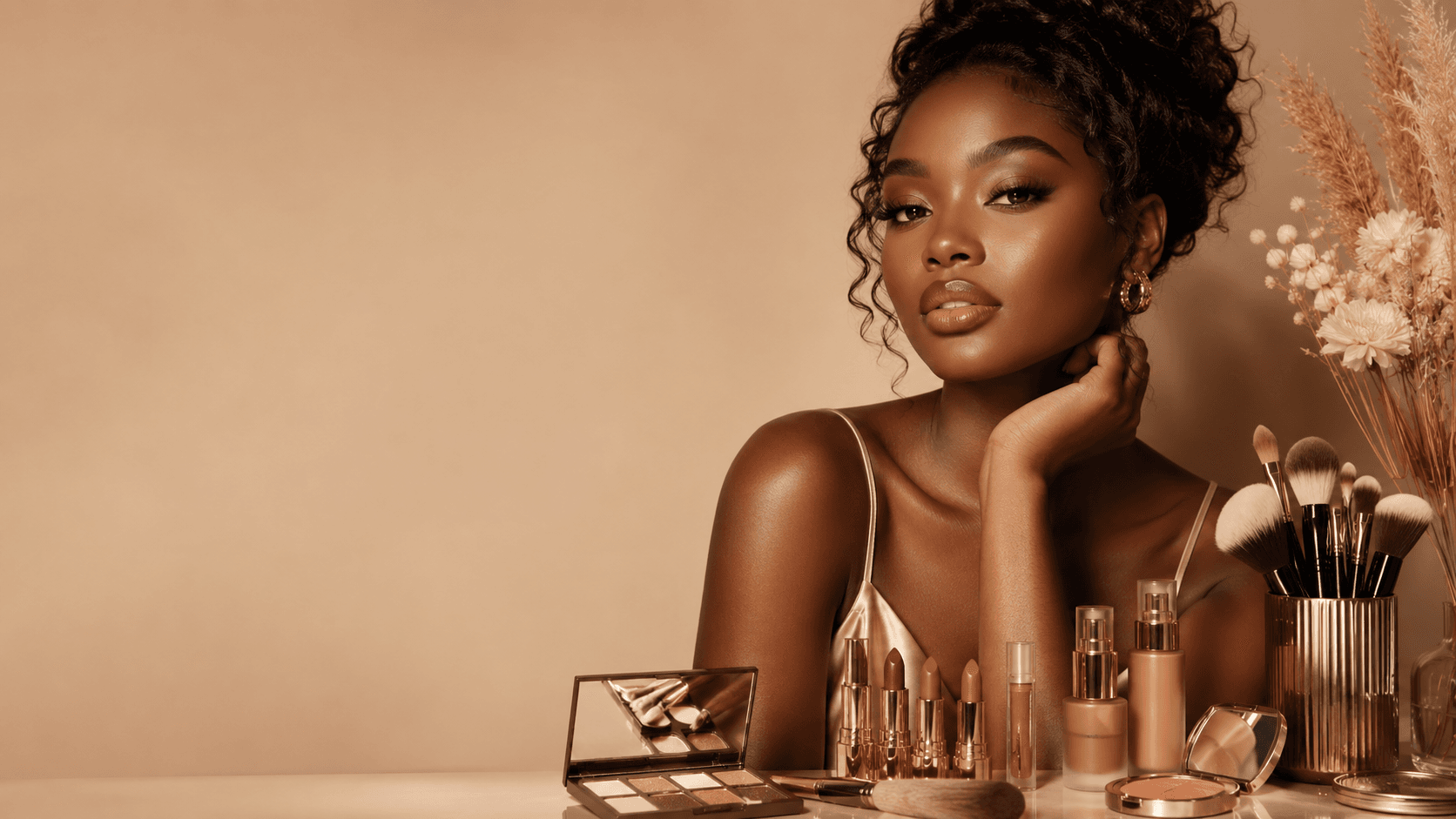 Model at a makeup vanity with lipsticks, palette and brushes