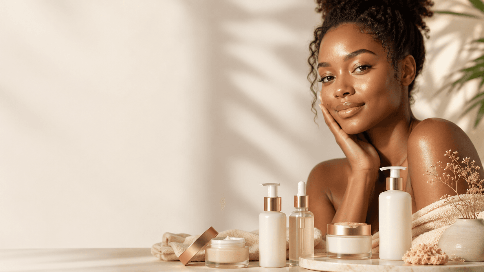 Model with skincare serums, creams and a spa towel
